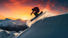 Dramatic Snowboarding Jump With Sunset-lit Snow Peaks In The Background