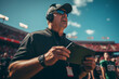 © Georgii - Close-up of a coach wearing a cap and T-shirt watching the game on the field. Takes notes on a tablet. Team players in the background. The coach studies the game strategy.