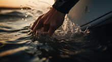 Detailed View Of A Surfer's Grip On The Board Amidst A Barreling Wave