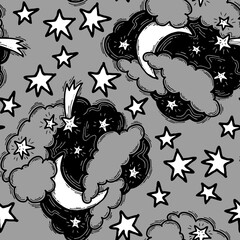  Starry night seamless pattern with moon, stars and clouds. Boho style decorative background for wallpaper, digital paper, wrapping design, fashion fabric, textile print. Hand drawn illustration.