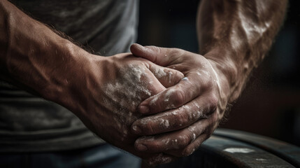 Wall Mural - Close-up of weightlifter's hands on barbell chalk dust gripping texture