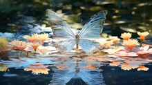 A 3d Abstraction Butterfly With Iridescent Wings Resting By A Tranquil Garden Pond, Surrounded By Water Lilies.