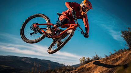 Wall Mural - Mountain biker airborne off a ramp bright clothing against sky