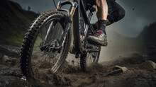 Mountain Biker's Feet Pedaling Hard Trail And Bike Details Visible