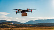 A beautiful landscape with green fields, mountains, and a blue sky, featuring a drone carrying a box, highlighting the coexistence of nature and advanced technology, Hyper realistic photo.