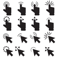 Poster - pointer click icon set of 16. clicking cursor, pointing hand clicks and waiting loading icons. website arrows or hands cursors tools, computer interface button. vector isolated symbols collection