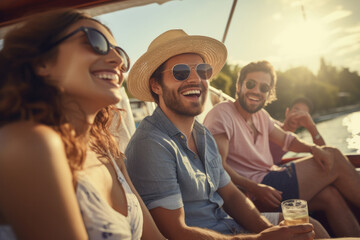 Group of young people having fun or buddies in black glasses sitting on a boat and relaxing in summer time by the sea or ocean.generative ai