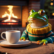 It's The Perfect Scene For A Cozy Winter Night. The Frog Is Contentedly Sipping Tea, Wearing A Warm Sweater. He's By The Fireplace, Where The Flames Are Crackling And Providing A Cozy Ambiance. It's A
