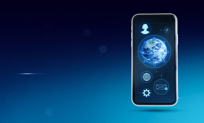 Wall Mural - global network. smartphone with different icons and illustration of earth on display against dark bl