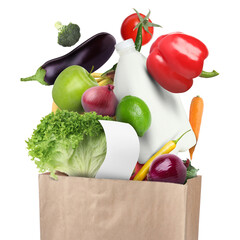 Poster - Different food products falling into paper bag on white background