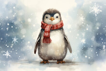 Cute penguin in a scarf, illustration a winter forest, Christmas mood