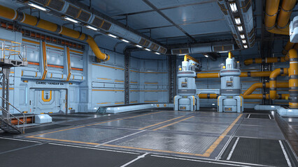 Poster - Large futuristic sci-fi space station hangar interior. 3D rendering.
