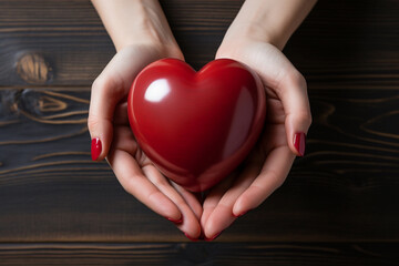 Wall Mural - Woman hands with red nails holds heart made on wooden vintage background. Concept of a holiday and health heart relationships, giving sharing love, different love. Healthcare, women medical issues