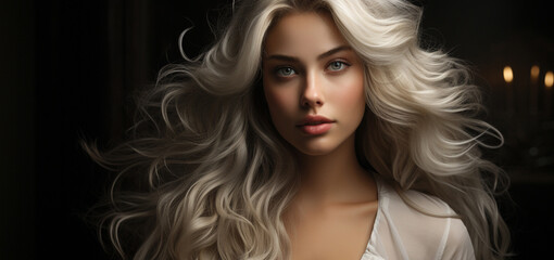 Poster - beauty portrait of a blonde woman with a curly hairstyle and make - up