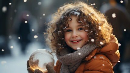 Canvas Print - Little cute girl with curly hair plays with snow outdoors in winter