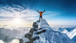 Triumphant mountaineer at summit of majestic peak against blue sky snow-covered landscape sparkles