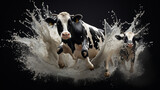 Splashes of milk fly on a milky white poster with the image of cows and many details. Nice background.