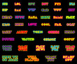 Retro neon text  emotes collection . Can be used for Twitch, Discord, YouTube. Graphic conversational text elements illustration set 
