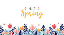 Spring Or Summer Background With Bright Leaves And Stylized Flowers On A White Background. Spring Vector Flat Template For Banner, Flyer, Wallpaper, Brochure, Greeting Card.Cartoon Vector Illustration