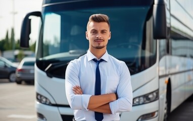 Man in uniform shirt is standing in front of an international flight bus