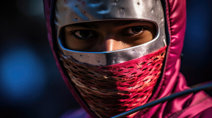 Wall Mural - Close-up of fencer's masked face intense and alert