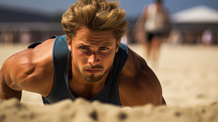 Wall Mural - Player's intense serve prep shifting sand vibrant beachwear focused determination in intimate beach volleyball moment