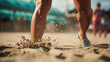 Player's feet in sand for leverage shifting grains vibrant beachwear controlled strength and determination in intimate beach volleyball moment