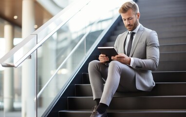 Wall Mural - Businessman is sitting on the stairs with his tablet