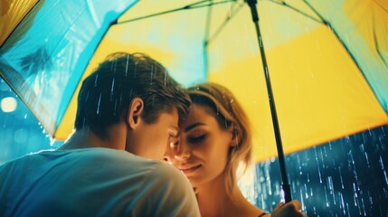 Wall Mural - Young couple having romantic moments in a rainy weather