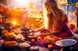 Young woman with Tibetan singing bowls for meditation and healing, outdoor scene with sunlight and flowers