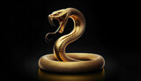 Pure gold, intricately detailed snake statue, with reflective scales, curled elegantly isolated on a black background
