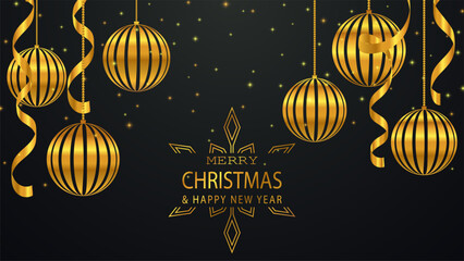 Wall Mural - Merry Christmas and Happy New Year banner. Golden christmas decorations. Vector illustration