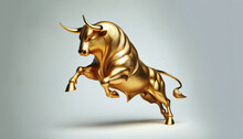 Abstract Gold Bull Statue In A Dynamic Charging Pose. Its Textured Surface Adds Depth, Highlighting The Bull's Raw Power And Movement. The Bull Run Stock Market Symbol