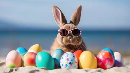 Bunny in Shades Chilling on Sandy Beach with Easter Eggs