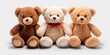 set of 3 stuffed fluffy teddy bears toys sitting and smiling isolated on white background.