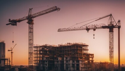 Construction site with cranes and building silhouettes on sunset sky background