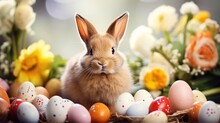 Lovely Bunny Easter Baby Rabbit With A Basket Full Of Colorful Easter Eggs