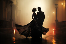 The Silhouette Of A Man And A Woman Dancing On The Streets Of A Deserted Night City.