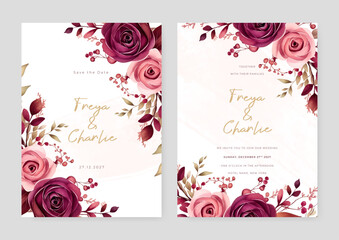 Poster - Pink and red rose wedding invitation card template with flower and floral watercolor texture vector