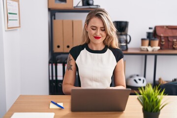 Sticker - Young beautiful hispanic woman business worker using laptop working at office