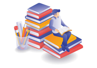 Student reading on stack of books concept illustration