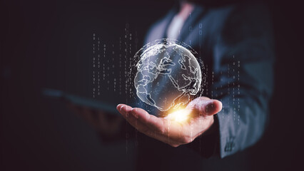 Aufkleber - businessman holding Global network connection. Big data analytics and business intelligence concept. World map point and line composition concept of global business.Digital link tech.