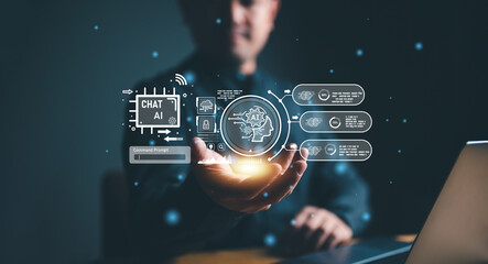 Fototapete - Chat with AI, Artificial Intelligence. man using technology smart robot AI, artificial intelligence by enter command prompt for generates something, Futuristic technology transformation.