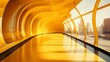 Modern pedestrian tunnel with vibrant yellow walls and a sleek design, leading towards a cityscape in the distance.