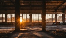 Abandoned Factory During Sunset - Closed Shutters, Urban Decay, Graffiti Walls, Desolate Street, Warm Sunlight On Old Industrial Building