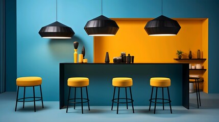 Wall Mural - Modern kitchen interior with blue walls, yellow accents, and stylish pendant lights.