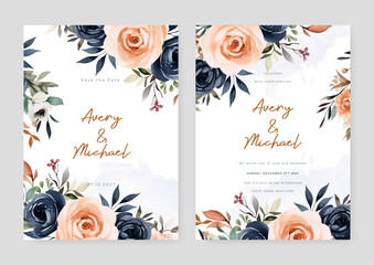 Wall Mural - Peach and blue rose artistic wedding invitation card template set with flower decorations