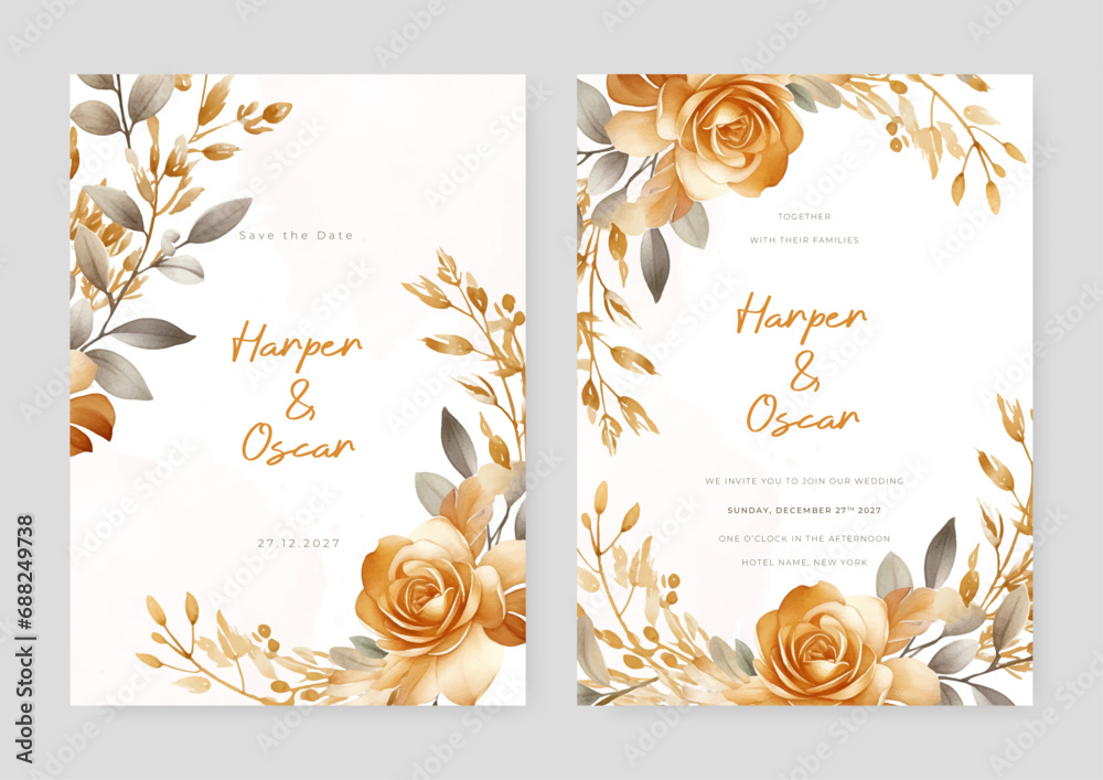 Gold rose beautiful wedding invitation card template set with flowers ...