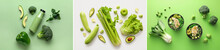 Collage Of Tasty Green Vegetables And Bottle Of Smoothie On Color Background