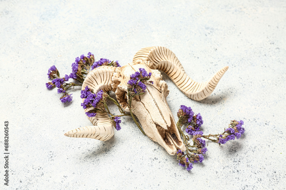 Skull of sheep with beautiful flowers on white background